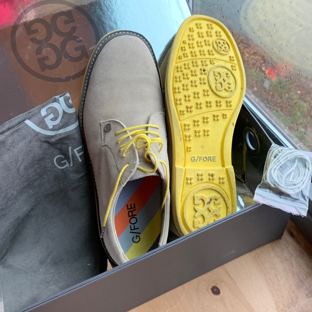 Golf shoes -pale suede and bright yellow, worn 1x